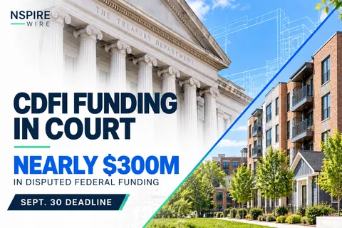 Conceptual Treasury building and apartment buildings divided by blue and green diagonal lines, with text highlighting disputed CDFI funding and the September 30 deadline.