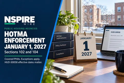 Illustration of a housing authority office desk with HOTMA compliance checklist, calendar marked January 1 2027, and HUD-50058 paperwork.