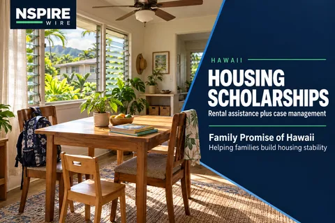 Sunlit Hawaii home with a family dining table, child's chair and backpack, beside NSPIRE Wire text about Housing Scholarships.