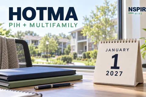 NSPIRE Wire graphic on the January 2027 HOTMA compliance deadline convergence for PIH and Multifamily programs.