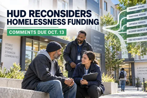Outreach workers speak with a man outside supportive housing as a branching path identifies permanent housing, transitional housing, supportive services, recovery-oriented housing and first-responder coordination.