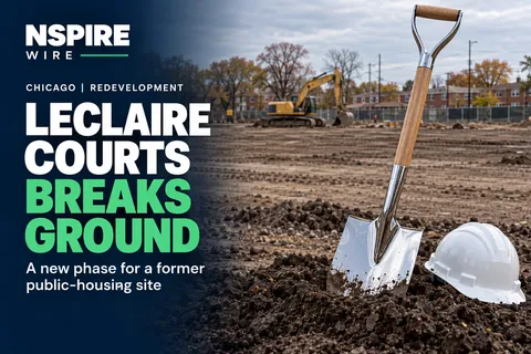 Shovel and white hard hat in freshly turned soil, with an excavator behind them and the headline “LeClaire Courts breaks ground.”
