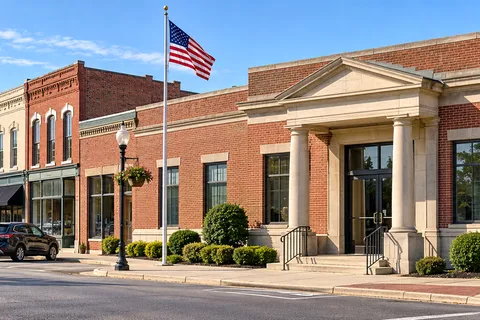 Illustrative banner: a brick community bank on a small-town Ohio main street representing the Ohio Lending Partnership story - not a photograph of the actual bank or property