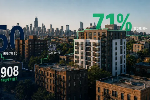 Wide view of multifamily apartment buildings with subtle data markers representing different property inspection results.