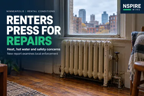 Worn cast-iron radiator beneath an apartment window overlooking city buildings, beside the headline “Renters press for repairs.”