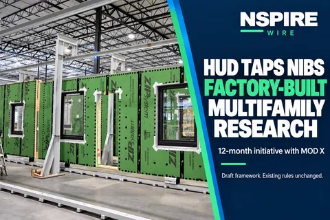 NSPIRE Wire graphic featuring prefabricated wall panels in a factory beside a headline about HUD’s selection of NIBS for multifamily housing research.