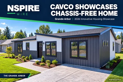 NSPIRE Wire graphic featuring Cavco’s gray-and-white Grande Arbor home beneath the headline “Cavco Showcases Chassis-Free Home.”