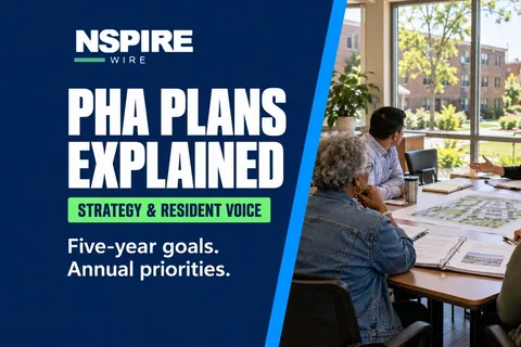 Residents and housing staff review plans around a meeting table beside "PHA Plans Explained," a green "Strategy & Resident Voice" chip, and NSPIRE Wire branding.
