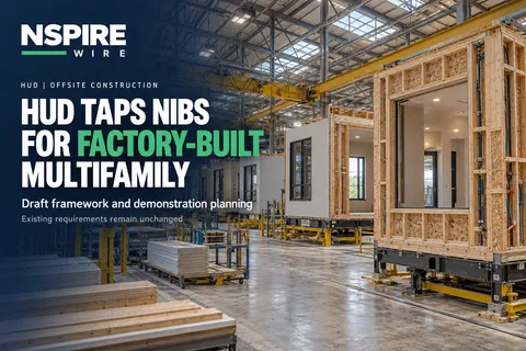 Partially finished apartment modules inside a construction factory, beside the headline “HUD taps NIBS for factory-built multifamily.”
