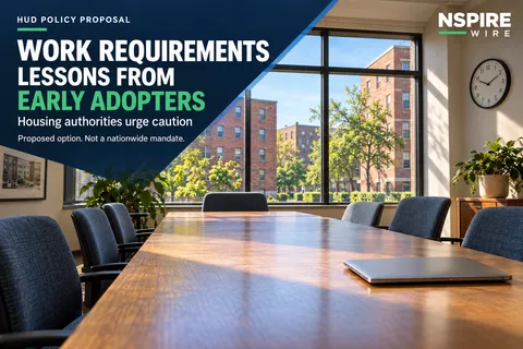 Empty meeting room overlooking apartment buildings, with NSPIRE Wire text highlighting caution about HUD's proposed housing work requirements.