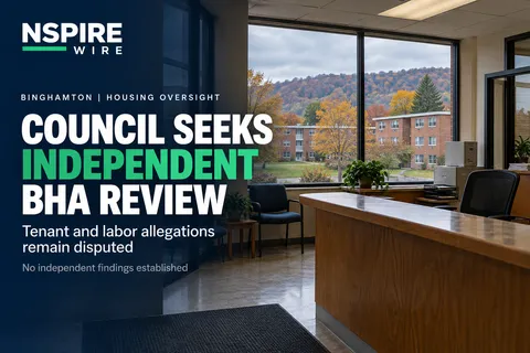 Empty housing-office reception area overlooking brick apartments, beside the headline “Council seeks independent BHA review.”