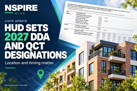 NSPIRE Wire graphic featuring HUD’s 2027 DDA designation document, an apartment building illustration and the headline “HUD Sets 2027 DDA and QCT Designations.”