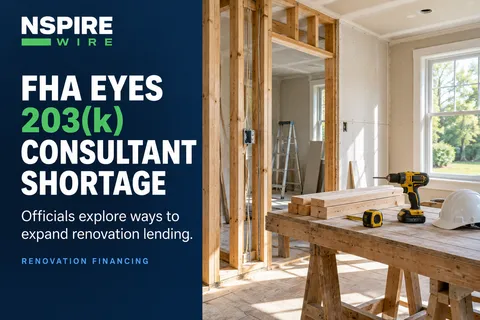 Home renovation with exposed framing, tools and a workbench beside the headline "FHA eyes 203(k) consultant shortage."