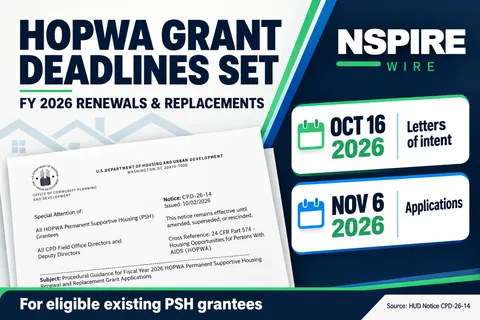NSPIRE Wire graphic featuring HUD’s HOPWA notice, with October 16, 2026 letters-of-intent and November 6, 2026 application deadlines.