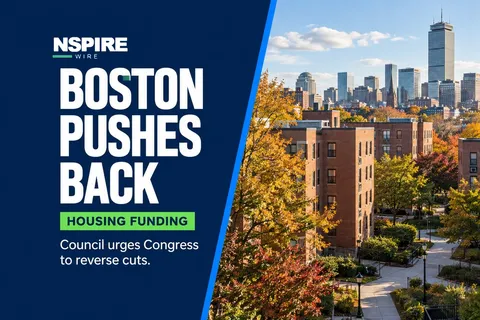 Brick apartments and Boston skyline in autumn beside "Boston Pushes Back," a green "Housing Funding" chip, and NSPIRE Wire branding.