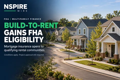 Detached homes along a landscaped residential street beside the headline “Build-to-rent gains FHA eligibility.”