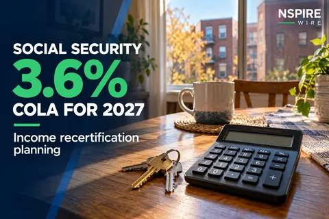 Calculator and house keys on a sunlit apartment table, beside NSPIRE Wire text highlighting the 3.6 percent Social Security COLA for 2027.