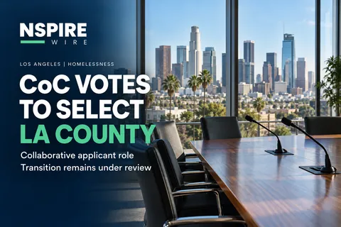 Empty conference room overlooking the Los Angeles skyline, with microphones and the headline “CoC votes to select LA County.”