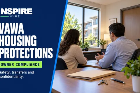 Two adults in a private housing-office consultation beside "VAWA Housing Protections," a green "Owner Compliance" chip, and NSPIRE Wire branding.