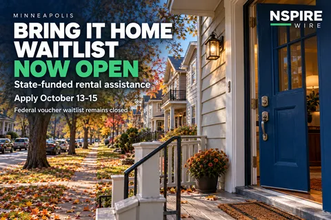 Open blue front door overlooking an autumn residential street, with text announcing Minneapolis’s state-funded Bring It Home waitlist application window, October 13–15.