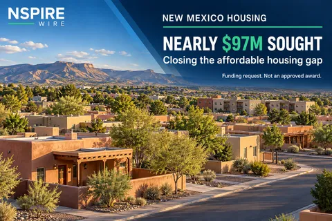 Southwestern homes and apartments beneath desert mesas, with NSPIRE Wire text highlighting New Mexico's planned housing funding request of nearly $97 million.
