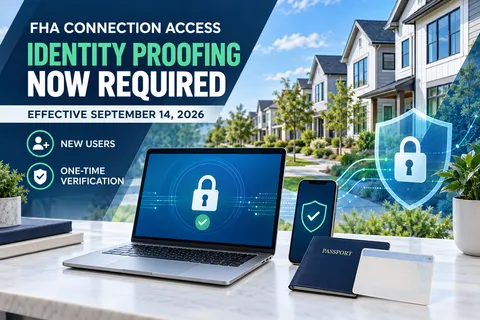 A people-free editorial image showing housing, a secured laptop, a smartphone, a passport and a blank identification card beneath text announcing the FHA Connection identity-proofing requirement for new users.