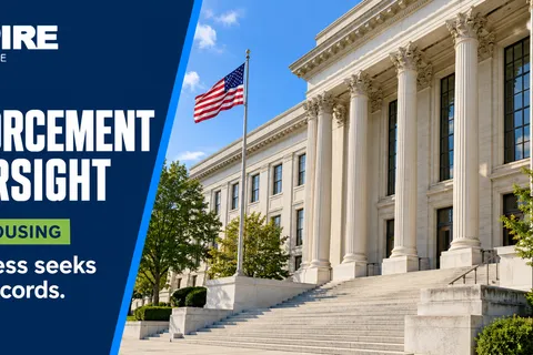 A neoclassical federal building with an American flag, illustrating congressional oversight of HUD fair housing enforcement.