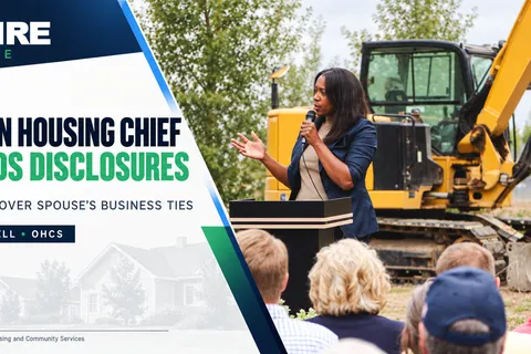 NSPIRE Wire graphic featuring Andrea Bell speaking at a housing groundbreaking beside the headline “Oregon Housing Chief Amends Disclosures.”