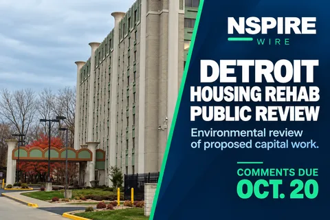 Riverbend Towers beside a Detroit housing rehabilitation public-review headline and October 20 comment deadline.