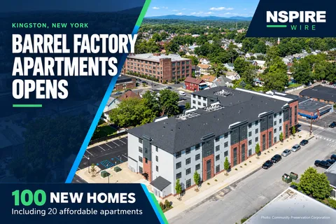 NSPIRE Wire graphic featuring an aerial view of Barrel Factory Apartments in Kingston, highlighting 100 new homes, including 20 affordable apartments.