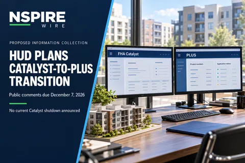 Two office monitors displaying conceptual FHA Catalyst and PLUS interfaces beside an apartment model, with NSPIRE Wire's planned-transition headline.