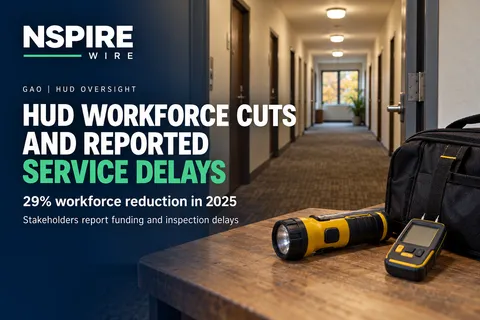 Flashlight, moisture meter and tool bag beside an apartment corridor, with the headline “HUD workforce cuts and reported service delays.”