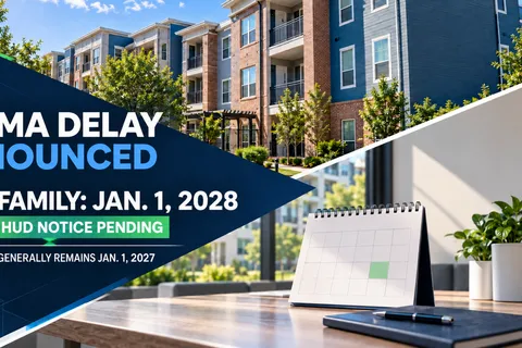 Apartment buildings and a desk calendar accompany a HOTMA alert showing the announced 2028 Multifamily date and pending HUD notice.