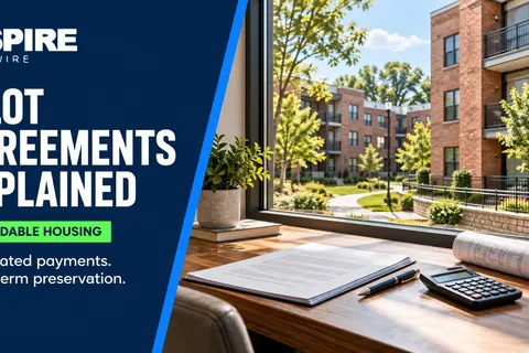 Agreement documents, calculator, and architectural plans overlooking apartments beside "PILOT Agreements Explained," a green "Affordable Housing" chip, and NSPIRE Wire branding.