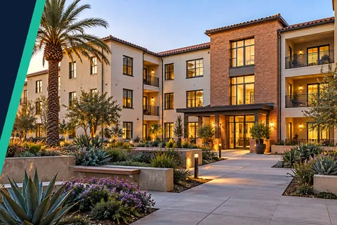 Illustrated banner: California Homekey+ milestone — 2,900 supportive homes funded under Proposition 1, apartment courtyard at dusk