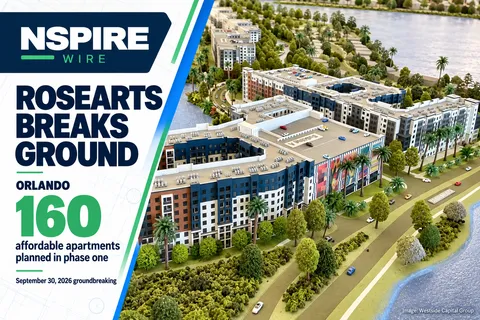 NSPIRE Wire graphic featuring RoseArts District’s architectural model and highlighting 160 affordable apartments planned in phase one.
