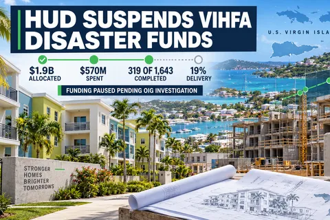 Virgin Islands apartments and an unfinished housing project beneath statistics showing $1.9 billion allocated, $570 million spent and 319 of 1,643 planned multifamily facilities completed.