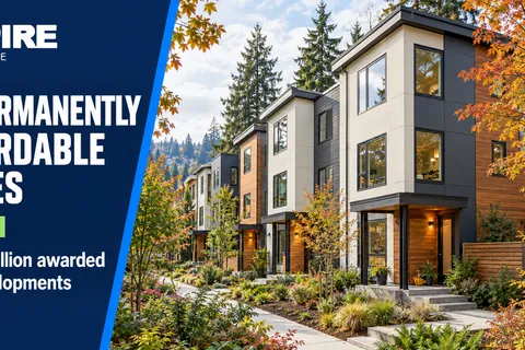 Newly built modern townhomes in a Pacific Northwest neighborhood with evergreen trees