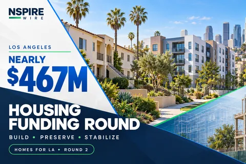 Illustration of Los Angeles apartments, palm trees and construction framing, with text highlighting nearly $467 million to build, preserve and stabilize housing.