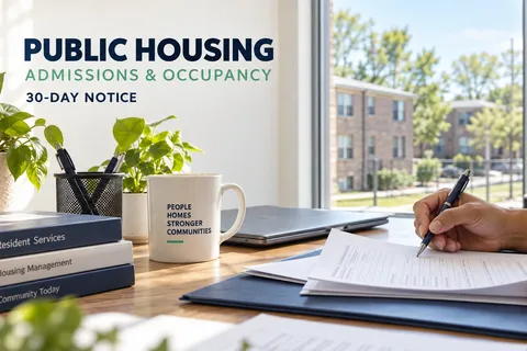 Public-housing buildings and organized policy records beneath a headline announcing HUD’s review of PHA admission and occupancy paperwork and the September 28 comment deadline.