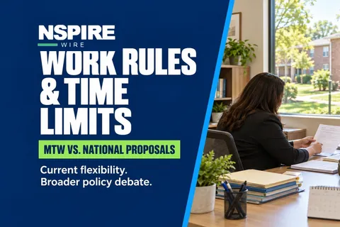 Housing-office staff member and resident review paperwork beside "Work Rules & Time Limits," a green "MTW vs. National Proposals" chip, and NSPIRE Wire branding.