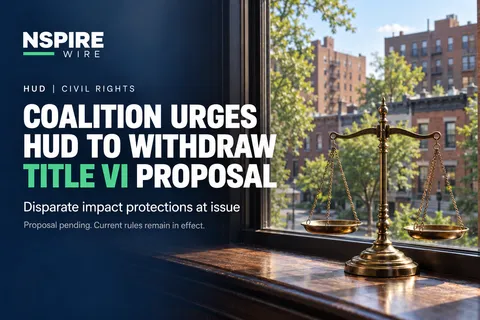 Brass balance scale on a windowsill overlooking apartment buildings, beside the headline “Coalition urges HUD to withdraw Title VI proposal.”