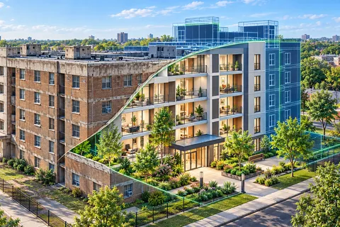 An aging public-housing development transitions into a renovated property through an architectural cutaway traced with navy and green planning lines.