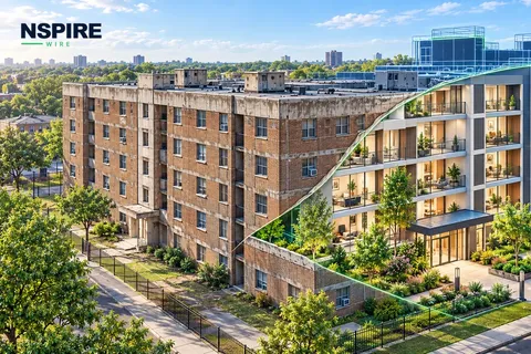 An aging public-housing development transitions into a renovated property through an architectural cutaway traced with navy and green planning lines.