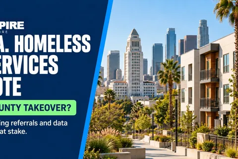 Los Angeles City Hall and apartments beside "L.A. Homeless Services Vote," a green "County Takeover?" chip, and NSPIRE Wire branding.