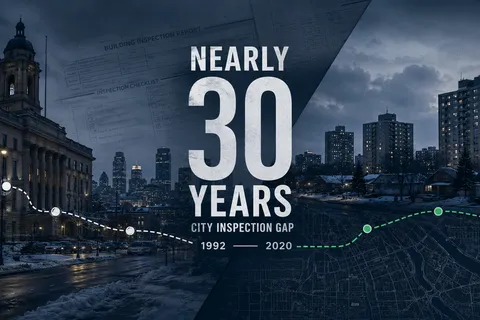 A Photoshop-style editorial composite divides a Minneapolis government building from public-housing towers, with a broken inspection route, layered inspection forms and a timeline reading 1992 to 2020.