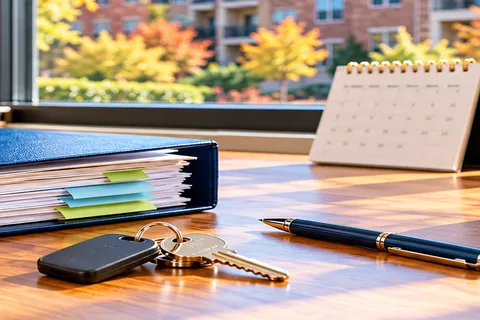 EHV-TPV Transition FAQ banner: desk with binder, keys and calendar by a window