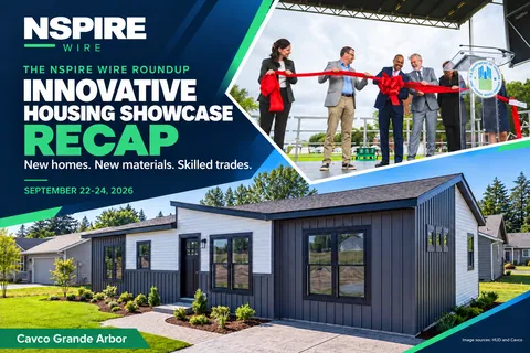 NSPIRE Wire’s Innovative Housing Showcase recap graphic featuring the ribbon-cutting ceremony and Cavco’s Grande Arbor home.