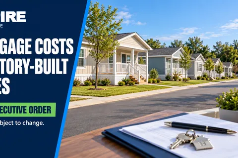 A row of newly built manufactured homes on a suburban street with house keys and mortgage paperwork, illustrating the draft executive order on mortgage costs and factory-built housing.