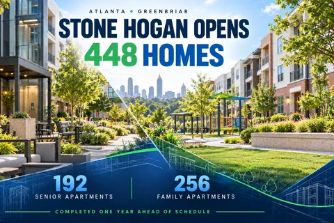 Landscaped senior and family apartment buildings at Stone Hogan beneath figures showing 192 senior apartments and 256 family apartments.
